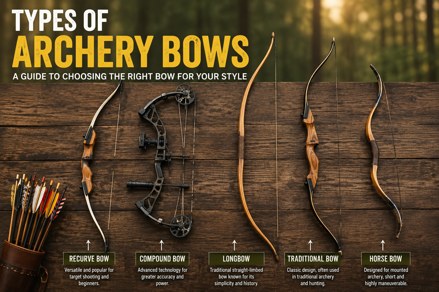 Types of Archery Bows Types of archery bows including recurve, compound, longbow, traditional bow, and horse bow displayed side by side on a wooden background.
