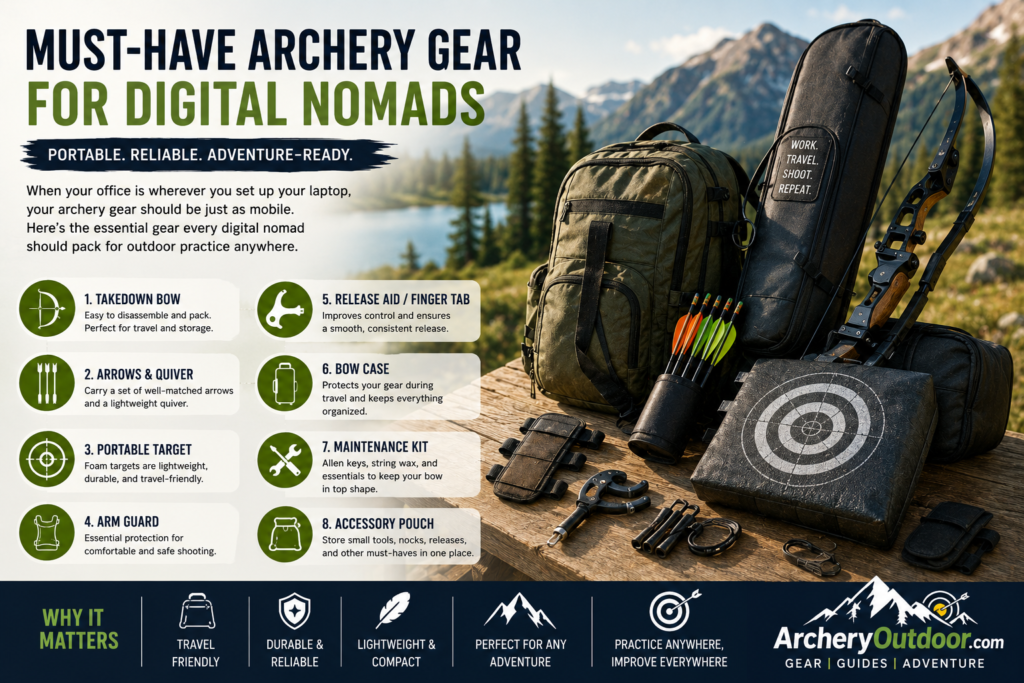 Find the best archery equipment for digital nomads who want to travel light without giving up their outdoor hobby. Explore portable bows, arrows, targets, protective gear, storage solutions, and essential travel accessories.